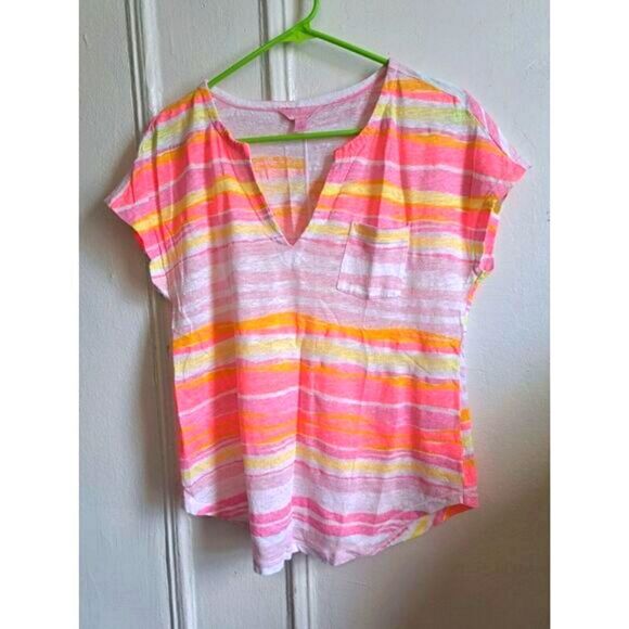 Lilly Pulitzer Womens Small Yellow Pink Tpocket Split Neck Shirt Top 100% Linen - Picture 1 of 7